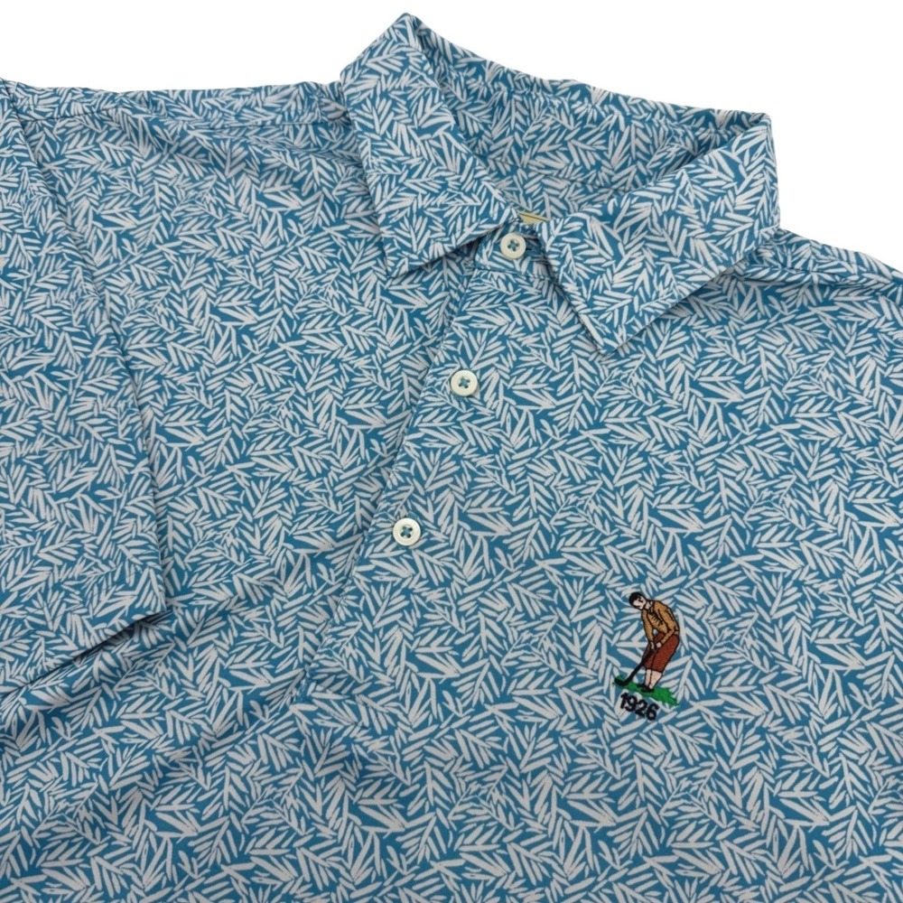 Donald Ross Polo Shirt Mens L Blue Bamboo Print Polyester 1926 Golfer Logo